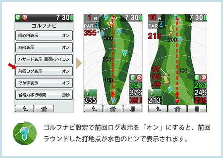 ゴルフナビ設定で前回ログ表示を「オン」にすると、前回ラウンドした打地点が水色のピンで表示されます。
